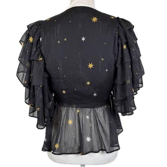 Lovers & Friends Georgie Star Bright Blouse Chiffon Ruffle Black Gold Size Small - Picture 5 of 11